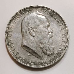 1911 Bavaria German 5 Mark Silver Coin / .90% Silver Large Coin