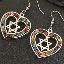 Heart Star of David Drop Earrings with Multi-Color RHINESTONES STAINLESS SILVER 