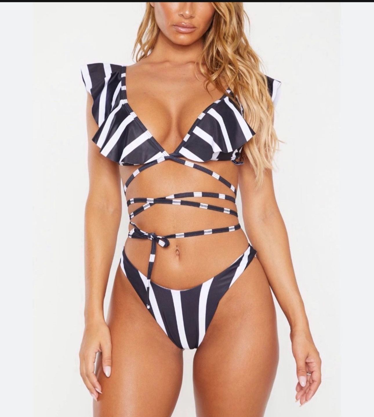 Black/White Striped Front Frill Bikini