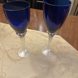 VTG Colony Pirouette Handblown Wine Goblets 2 Cobalt w/Twisted Clear Stems