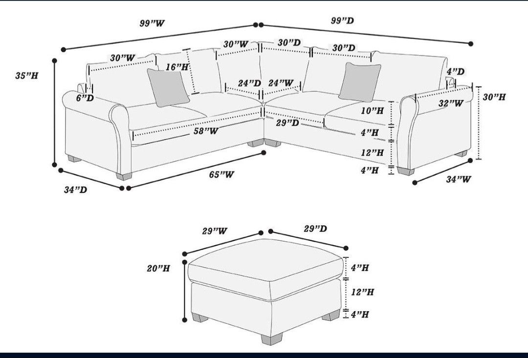 ✅️✅️ 4pc dark Grey corduroy fabric sectional sofa with rounded arms and ottoman ✅️✅️