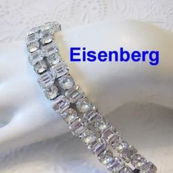Signed Vintage Eisenberg Emerald&rhinestone Silve Toned Bracelet 