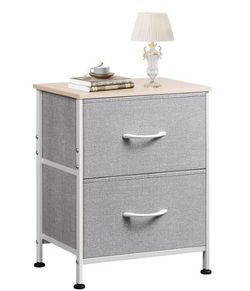 2-drawer gray fabric dresser nightstand wood top