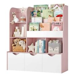 Kid's Large Bookshelf with 3 Movable Drawers, 5-Cube Bookcase with 4-Tier Display Stand, Toy Storage
