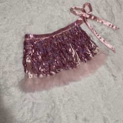 New Small pink sequin fringe fur iheartraves mini festival skirt rave raver