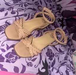 Nude Braided Strap Block Heel Sandals