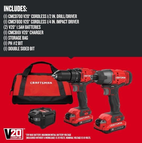 CRAFTSMAN V20 MAX Cordless Drill and Impact Driver, Power Tool Combo Kit