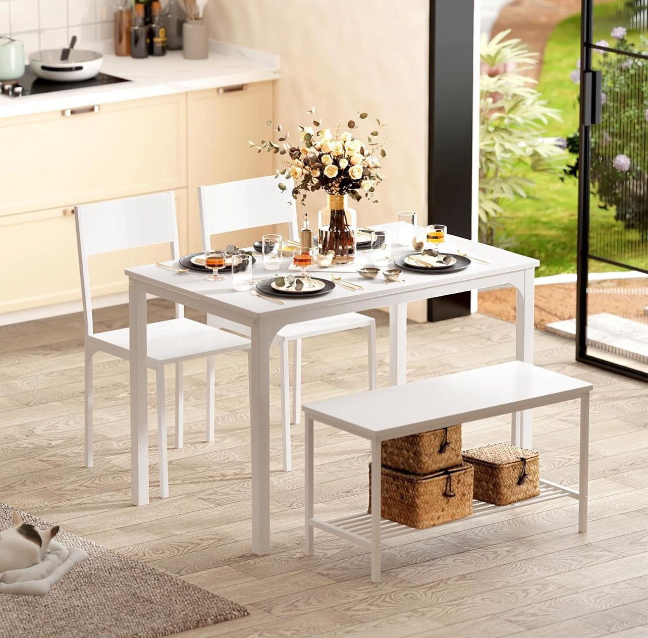4-Piece Kitchen Dining Table Set with 1 Bench and 2 Chairs, Dinner Bench Table Set for 4, Wooden Kitchen Table and Chairs for Limited Space,White