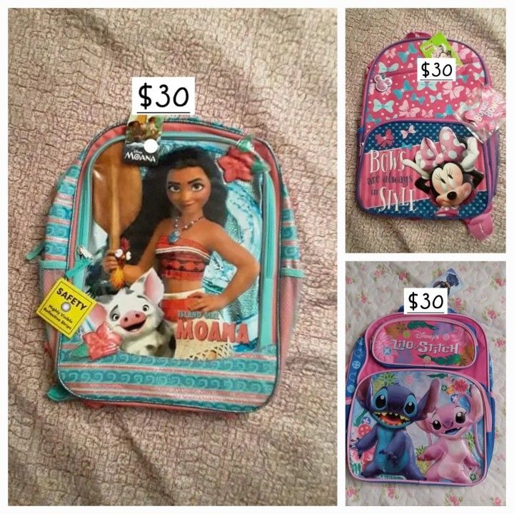 Moana, Minnie, Or Stitch Backpack Each $30