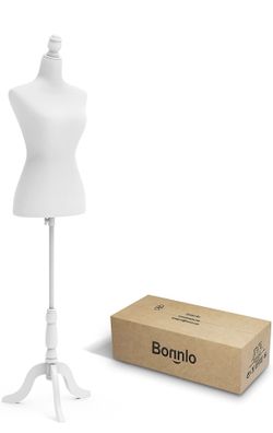 Bonnlo Female Dress Form Pinnable Mannequin Body Torso with Wooden Tripod Base Stand (White)