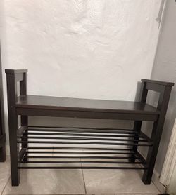 Dark Brown Wood Entryway Bench with Shoe Rack