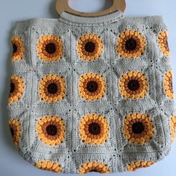 16x17” Vintage Beige Sunflower Tote Bag With Wooden Handles. Boho Hippie Bag