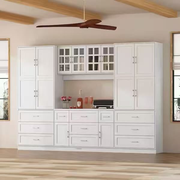 Modular Kitchen Storage Cabinet Full Wall Pantry Cabinet with 13 Shelves 11 Drawers and Glass Doors for Kitchen Dining Room white $399