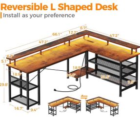 66” L Shaped Gaming Desk ⚡ LED Lights & Power Outlets | New in Box