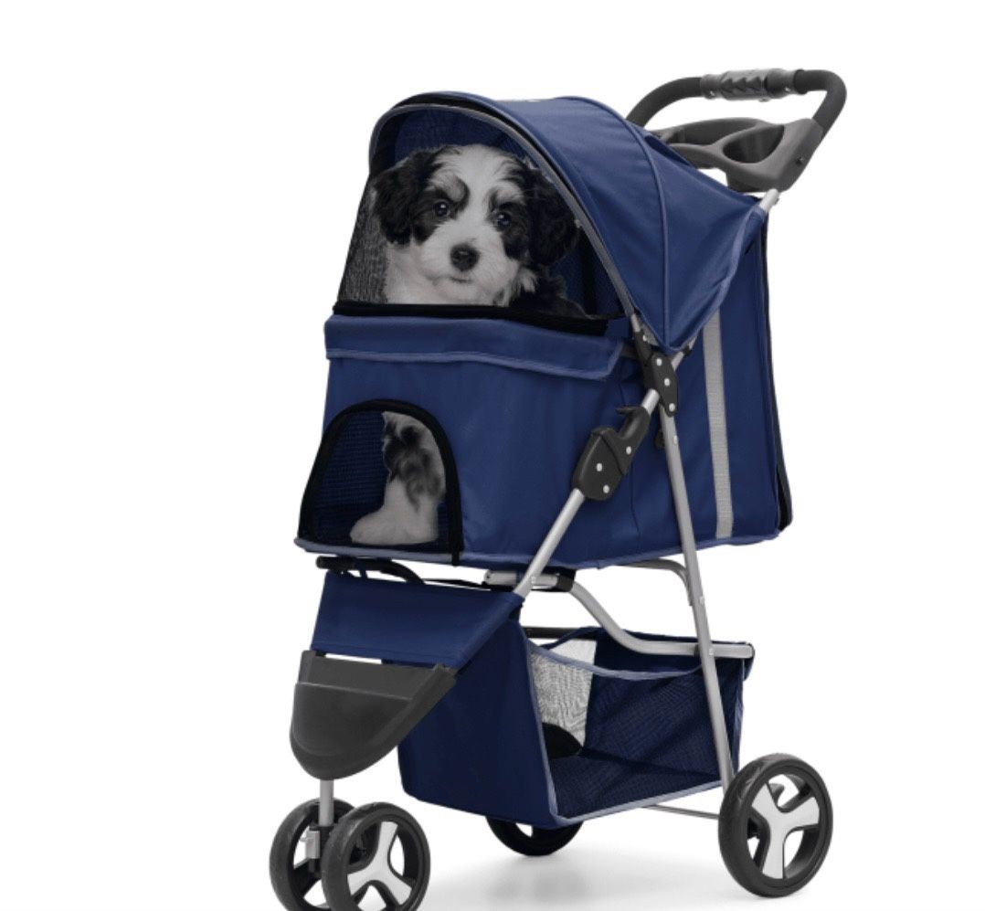 Magshion Foldable Pet Dog Stroller with Wheels, Cat Dog Stroller with Storage Basket and Cup Holder for Small and Medium Cats, Dogs, Puppy, Navy Blue