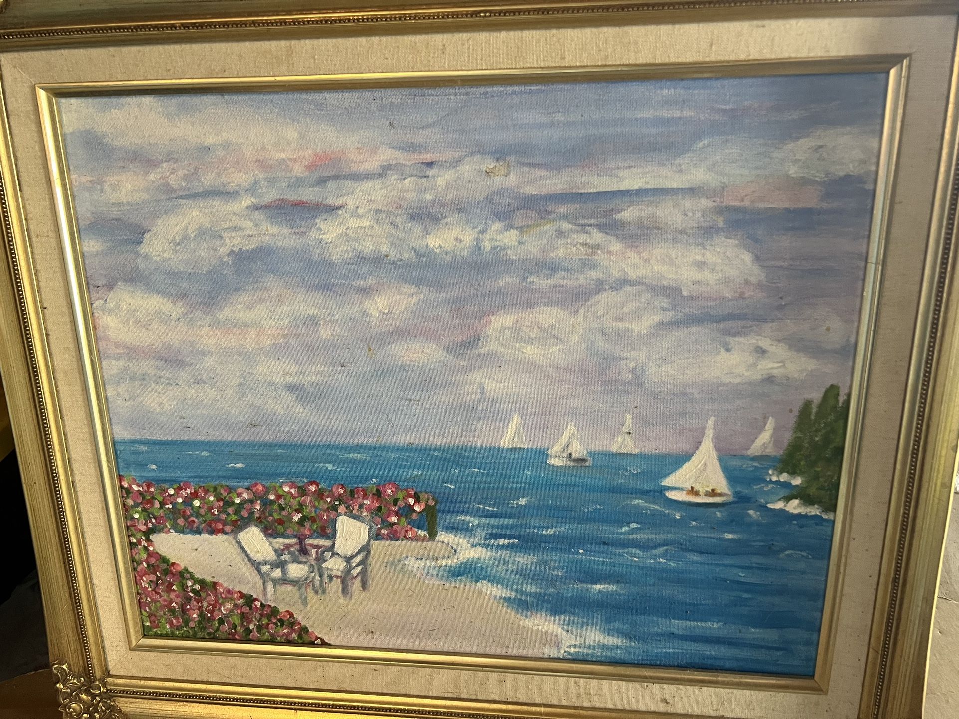 Beautiful Coastal Seaside Oil Painting In Frame 