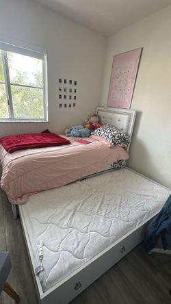 Twin Trundle Bed Frame with Tufted Headboard