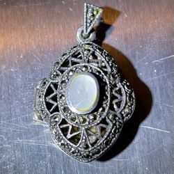 Vintage Art Deco Mother of Pearl Marcasite Sterling Silver Photo Locket Pendant