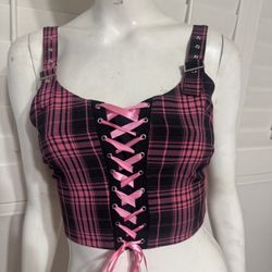 New M pink black plaid buckle corset top punk gothic emo goth festival Lolita core   Bundle deals available please check out my other items and follow