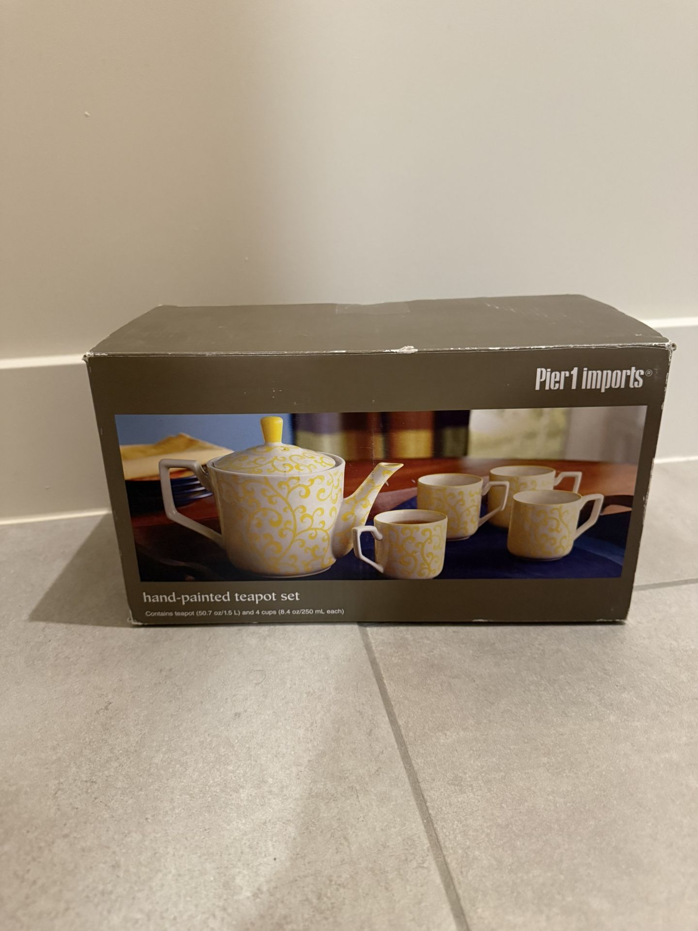 Brand New Pier 1 Teapot Set Hand Painted Yellow
