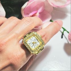 Gold Square shape girl's women's ladies Unisex ring watch