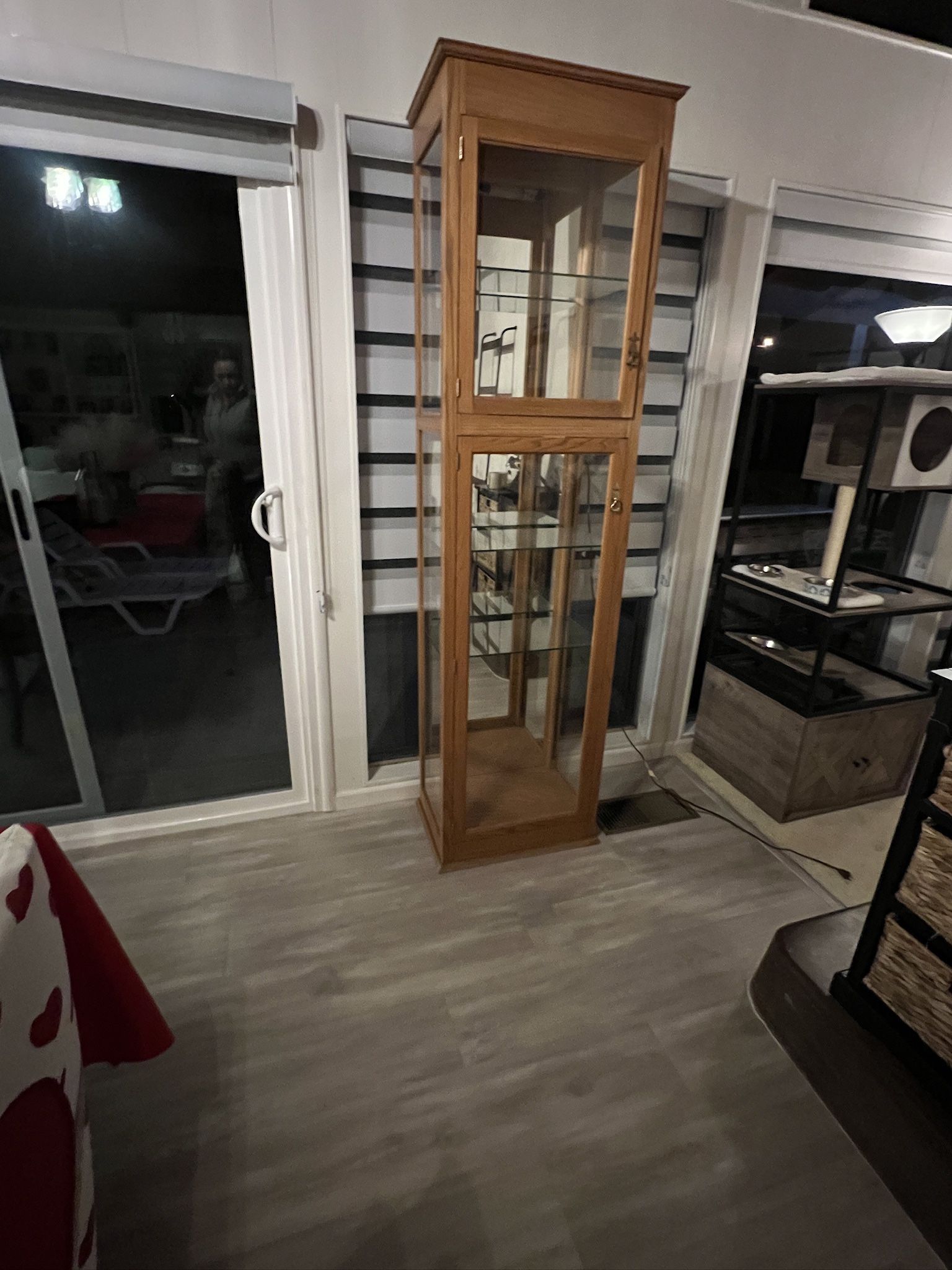Oak Wood Curio Cabinet With 2 Doors, And Light