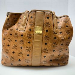 MCM VISETOS COGNAC MONOGRAM LEATHER TRIM SHOPPER TOTE BAG (CMP131273)