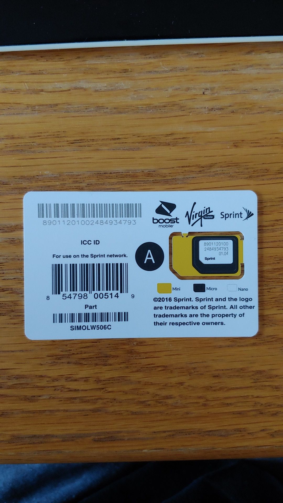 SIM CARD for Boost, Virgin, Sprint (SIMOLW506C, SIMOLW506TQ)