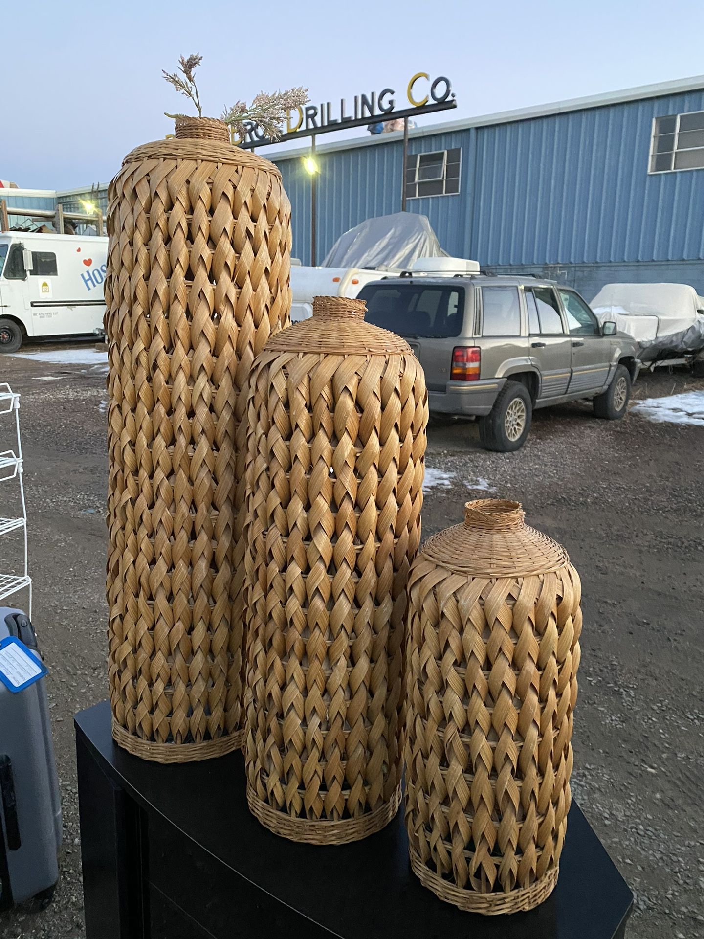 3 Matching Woven Wicker Rattan Decorative Vase Baskets 