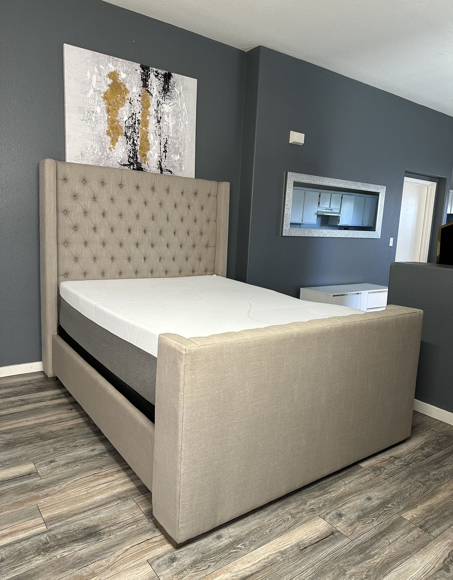 Brand New Queen Size Tufted Beige Bed Frame With 14” Memory Foam