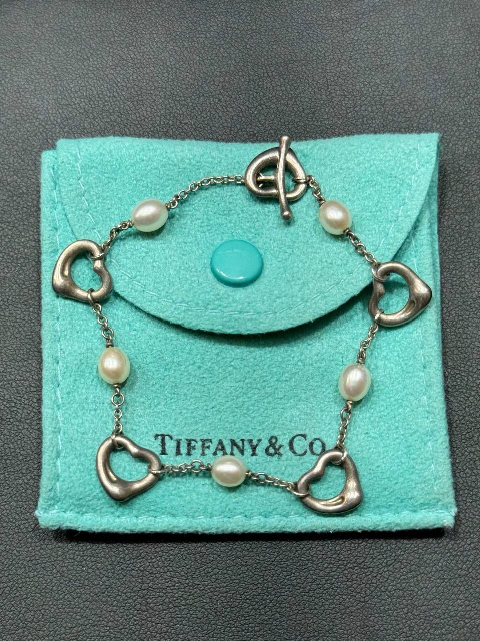 Tiffany & Co. RARE Elsa Peretti 925 Open Heart Pearl 7.25” Toggle Bracelet