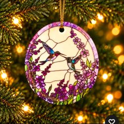Hummingbird Stained Glass Style Round Ornament