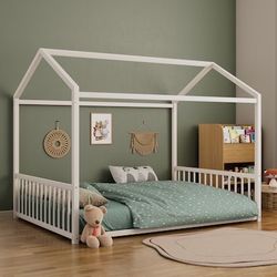 🔥Brand new in Box 🔥White Metal Frame Full Platform Bed with Vertical Safety Guardrails for Kids and Toddlers(White)💰80  Decatur Location  2272 Lawr