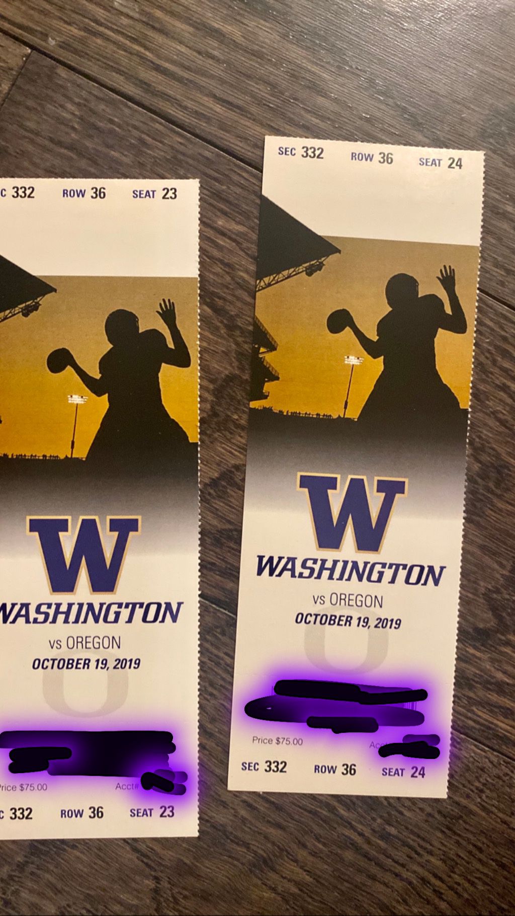 UW vs. Oregon Football Game tickets 10/19 $120 total