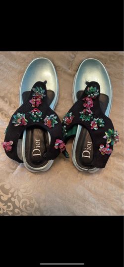 Authentic NEW CHRISTIANleather DIOR  sandals with a mint/silver platform sole and black knit straps covered in multicolor sequin and pearl floral embe