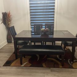 Dining Room Table (4 Leather Seated Chairs Plus Bench)
