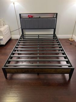 Metal Platform Bed Frame with Upholstered Headboard