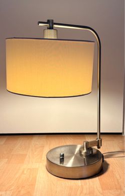 Modern Brushed Nickel Desk Lamp with Built-in Outlet