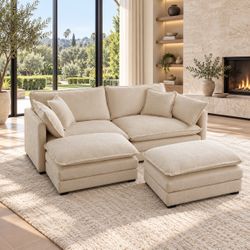 Beige Chenille Loveseat + 2 Matching Ottomans — Complete Set