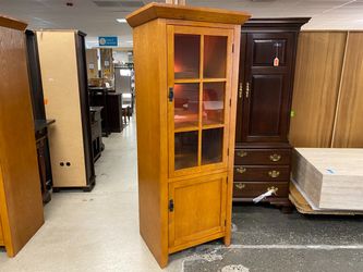 Light Brown Lighted Right Opening Storage Cabinet w/ Glass Door