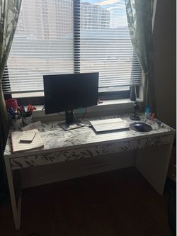 White Desk with Leaf Pattern and Two Drawers