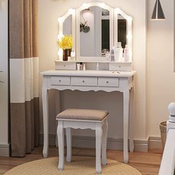 Tiptiper Makeup Vanity Table with Mirror, Storage Cabinet, Dressing Desk 5  Drawers and Shelves, White 