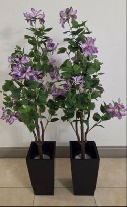 PAIR of 50" Faux Purple Hibiscuses in 16" Black Resin Planters (2 for $90) @ Lasting Creations