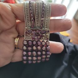 Purple Fresh Water Pearl And Chain Bracelet 