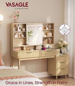 Vanity Desk with Sliding Mirror and Lights, 5 Drawers Contemporary Makeup Vanity, Charging Station, Jewelry Storage, Oak Beige, MAXE Collection URDT13