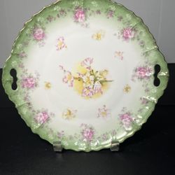 MZ Austria Antique 1884 To 1909 Hand-Painted Pink Yellow Desert Roses Cake Plate