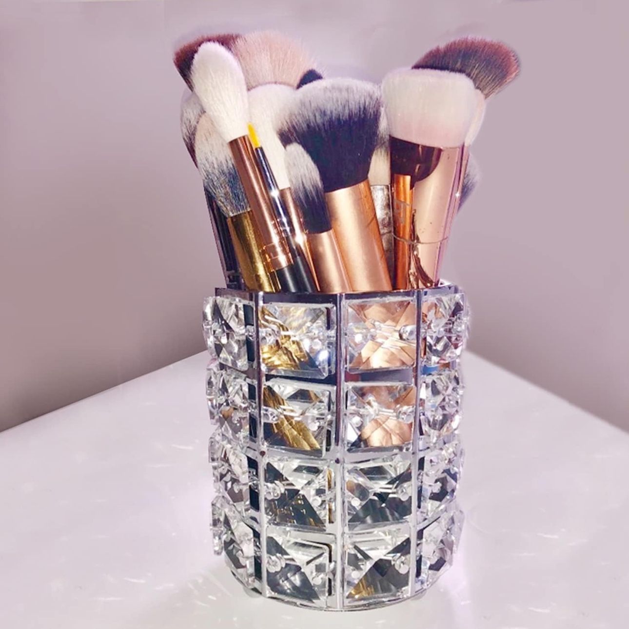 LUGUNU Makeup Brush Holder Organizer Golden Crystal Bling Personalized Gold Comb Brushes Pen Pencil Storage Box Container (Crystal Pot-Sliver)