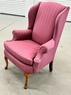 Queen Anne Wingback Accent Chair Mauve Rose Striped Cabriole Legs