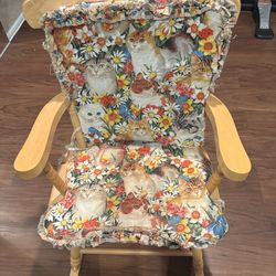 Wooden Rocking Chair with Cat Print Cushions