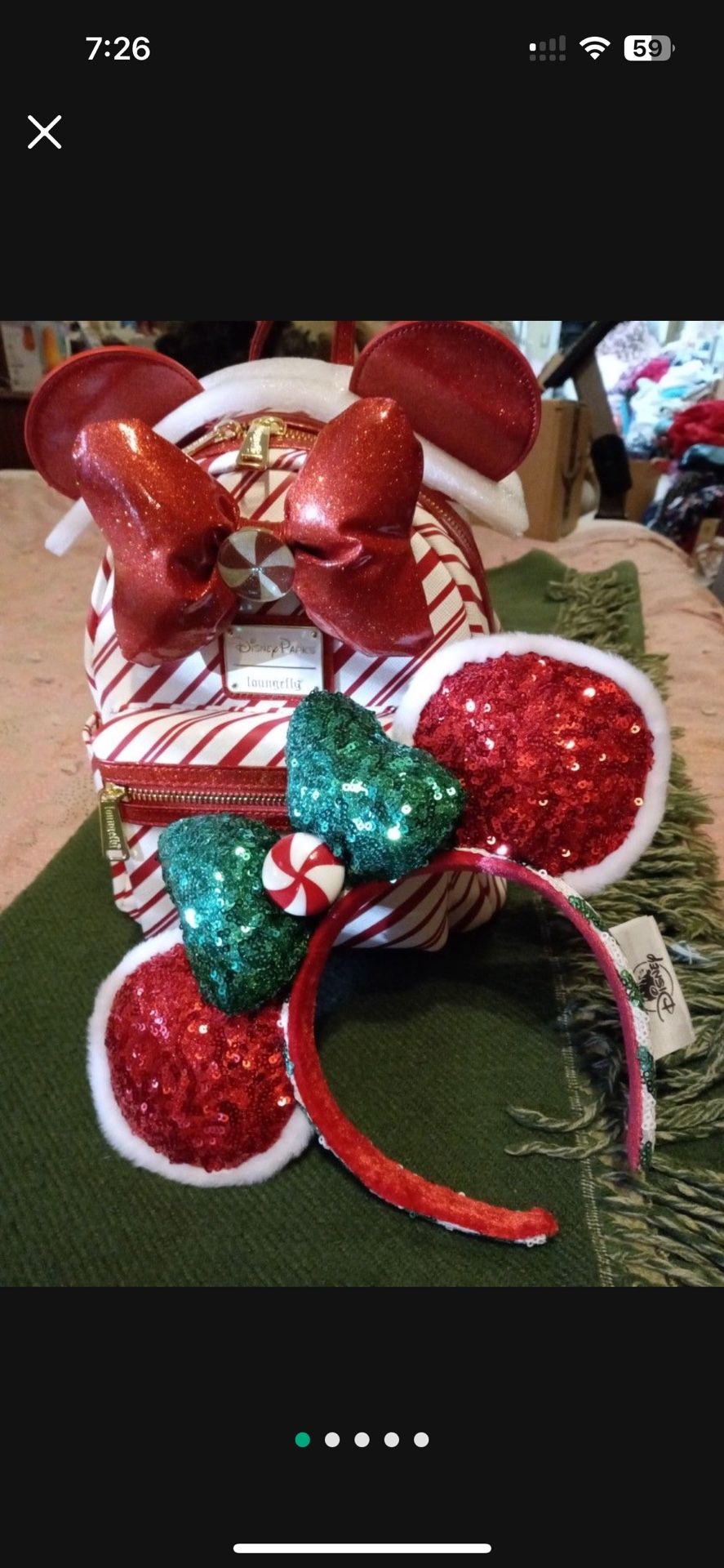 Loungefly Peppermint Candy Backpack and Minnie Ears